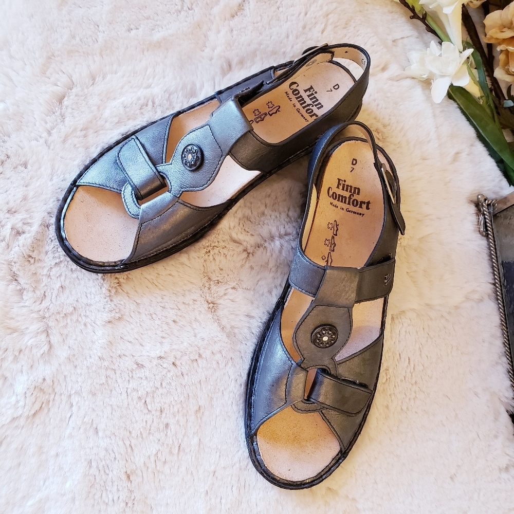 FINN COMFORT Adana Pewter Corten Leather T Strap Sling Silver Sandal Women US9.5 - Picture 4 of 16